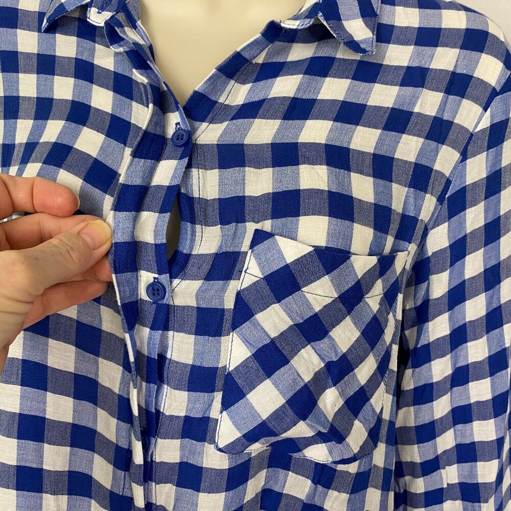 Zara‎ Basic Top Medium Womens Buffalo Plaid Button Up Pocket Silky Blue White - Picture 3 of 13